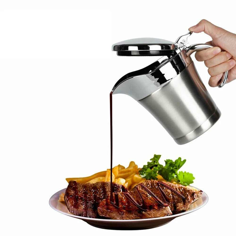 480ml 18 Ounce Capacity Kitchen Double Wall Thermal Insulated Stainless Steel Double Insulated Gravy Boat with Hinged Lid