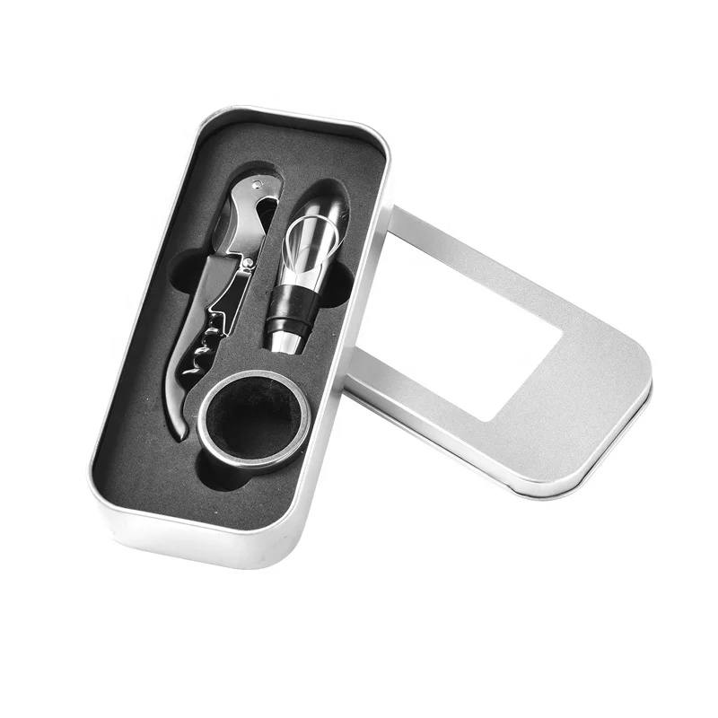 3pcs Wine Gift Set Bottle Opener Wine Corkscrew Tools Bar Accessories In Tin Box with Window