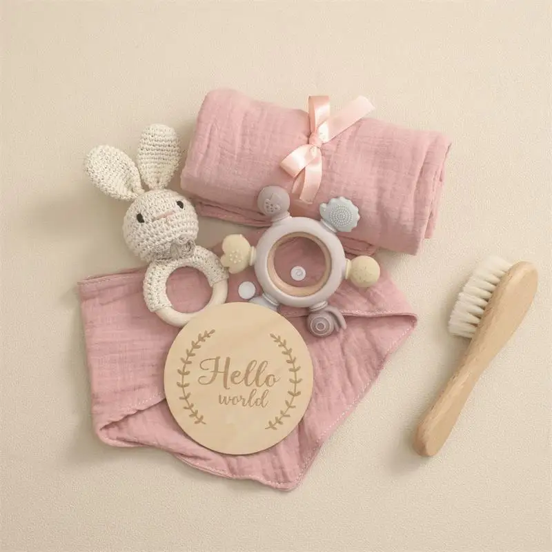 TongTu 2024 New 6pcs newborn Baby Shower Gift Set Animal Rattle wooden milestone Wool brush Baby Teething Baby Gift Set