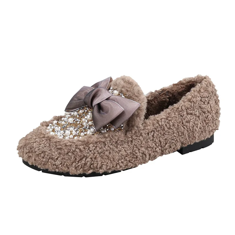 Big Size 43 Women Fashion Winter Fur Walking Style Shoes Casual Plush Warm Flat Work Pumps