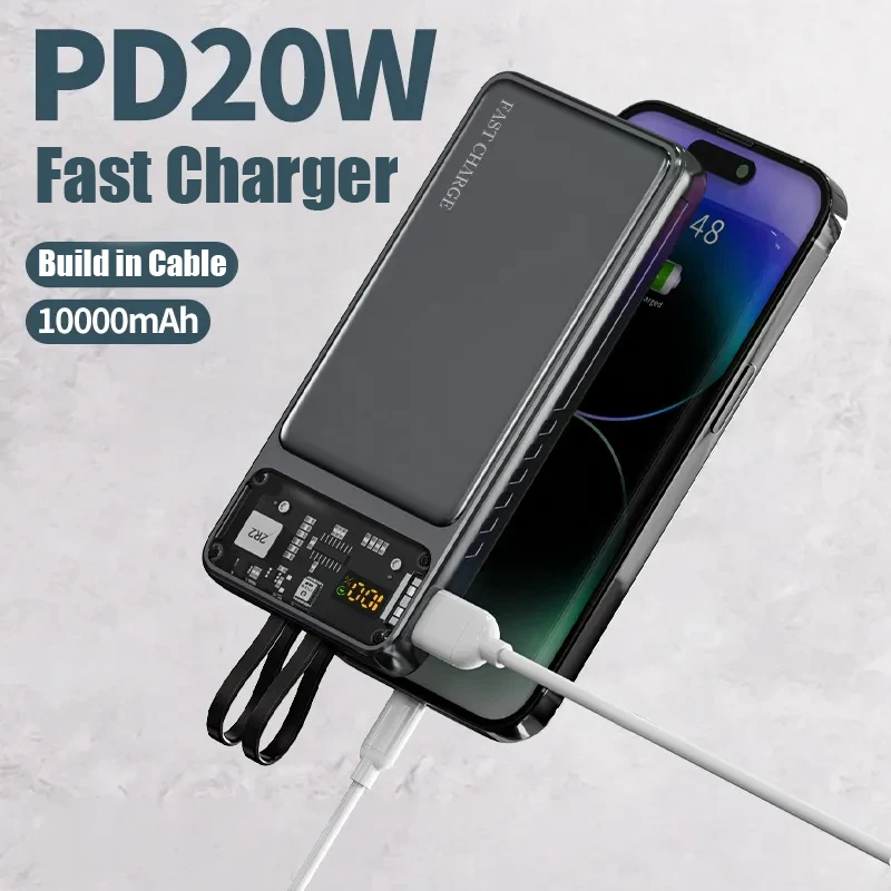 OEM настроить внешний аккумулятор Powerbank Портативное зарядное устройство PD QC Быстрая зарядка с кабелем типа C прозрачный Power Bank 20000 мАч