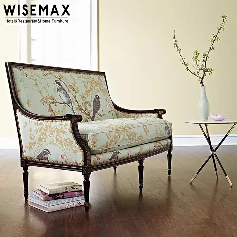 WISEMAX FURNITURE Home Carving Solid Wood Frame Sofa Set Design Fabric Painting Sofa Chair Chinese Retro Living Room Furniture