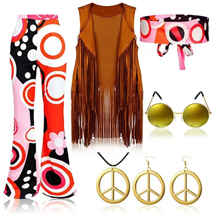 Halloween Hippie Accessories 70s Costume Outfits Fringe Vest 60s Decades Clothes Pants Hippy Glasses Headbands Flower Crown