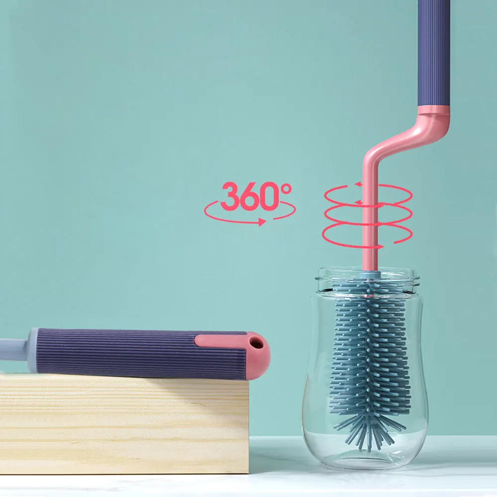 WONDERFUL 360 Degree Rotating Long Handle Silicone Baby Bottle Brush 3 in 1 Combo Milk Bottle Cleaning Brush Set