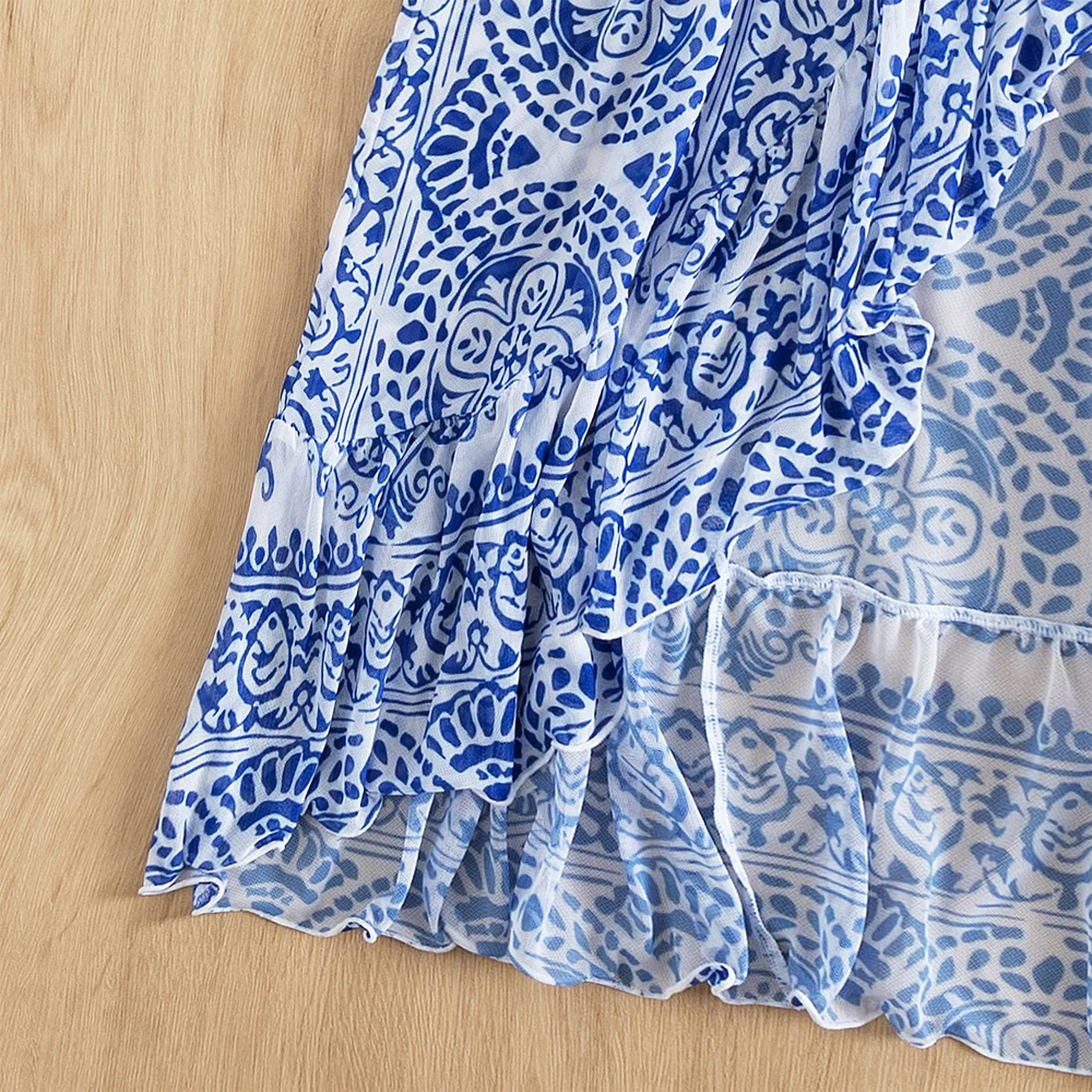 green grey blue ruffle hem paisley girl women pleated long  chiffon beach dress