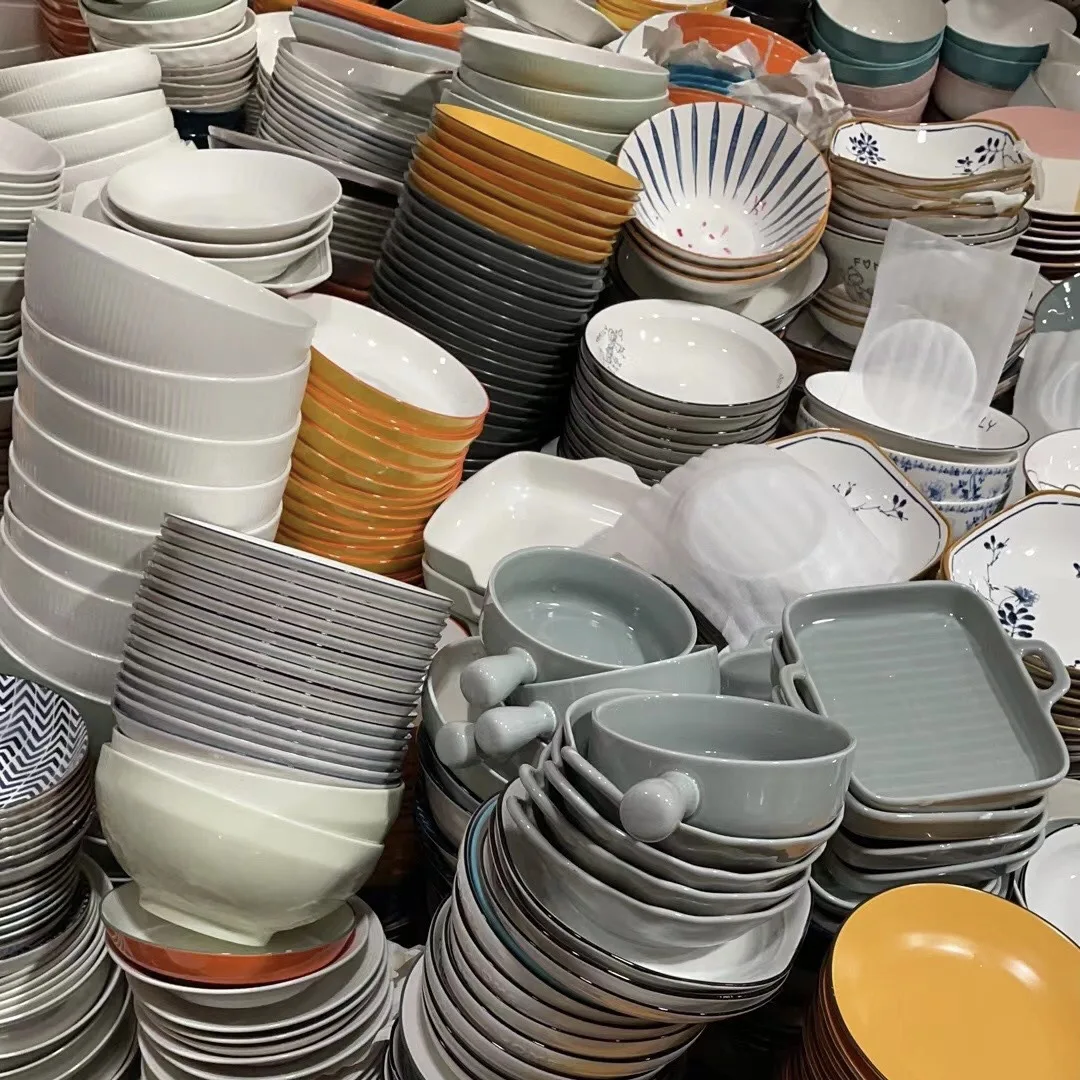 Ceramic wholesale by cartons box white porcelain stock cheap dishes & plates bowls tableware with mixing packing dinner set