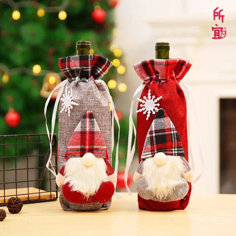Nordic Christmas Wine Bottle Cover Bags Xmas Decoration Drawstring Non Woven Fabric Pouch Bag Christmas Gifts Bottle Cover