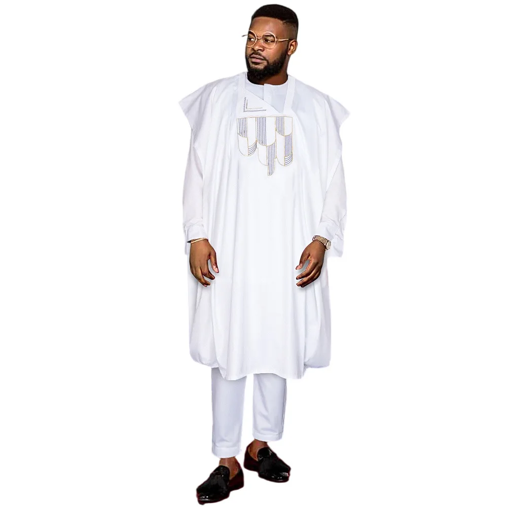 African Clothing For Men Embroidery Bazin Agbada Attire 3 Pieces Sets Dashiki Men Robe For Wedding