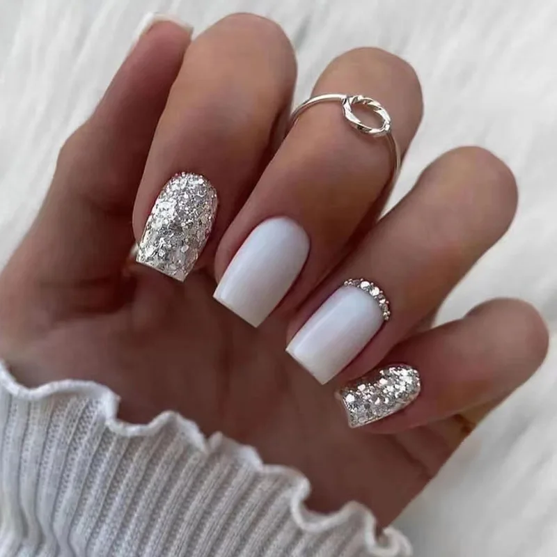 Wholesale artificial nail fake medium length square/coffin-type pressed polish fake nail design French style