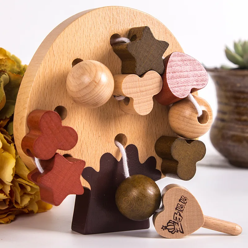Custom Montessori early learning aids kid wooden threading board toy Montessori threaded rope intellectual building block toy