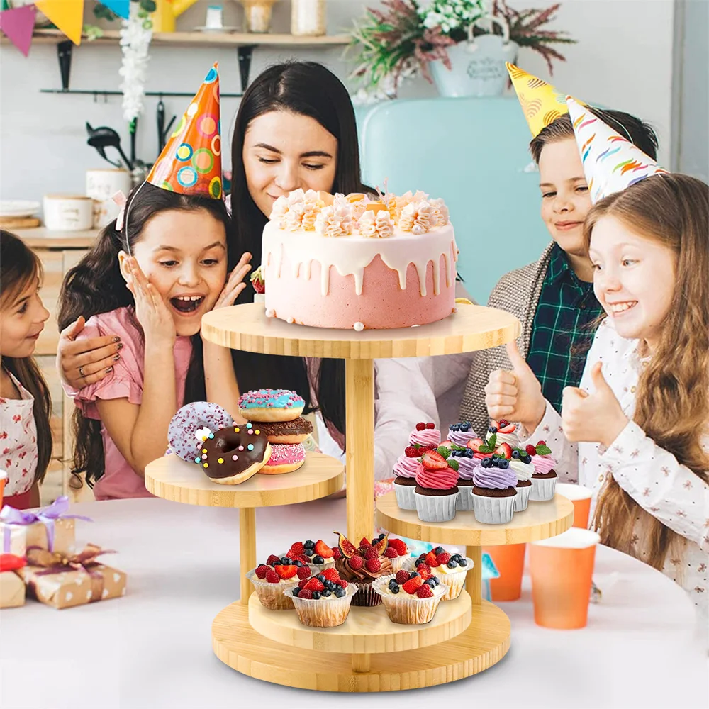 4 Tier Bamboo Wooden Cupcake Stand Fruit and Dessert Shelf Round Cake Holder Serving Tray for Wedding Party