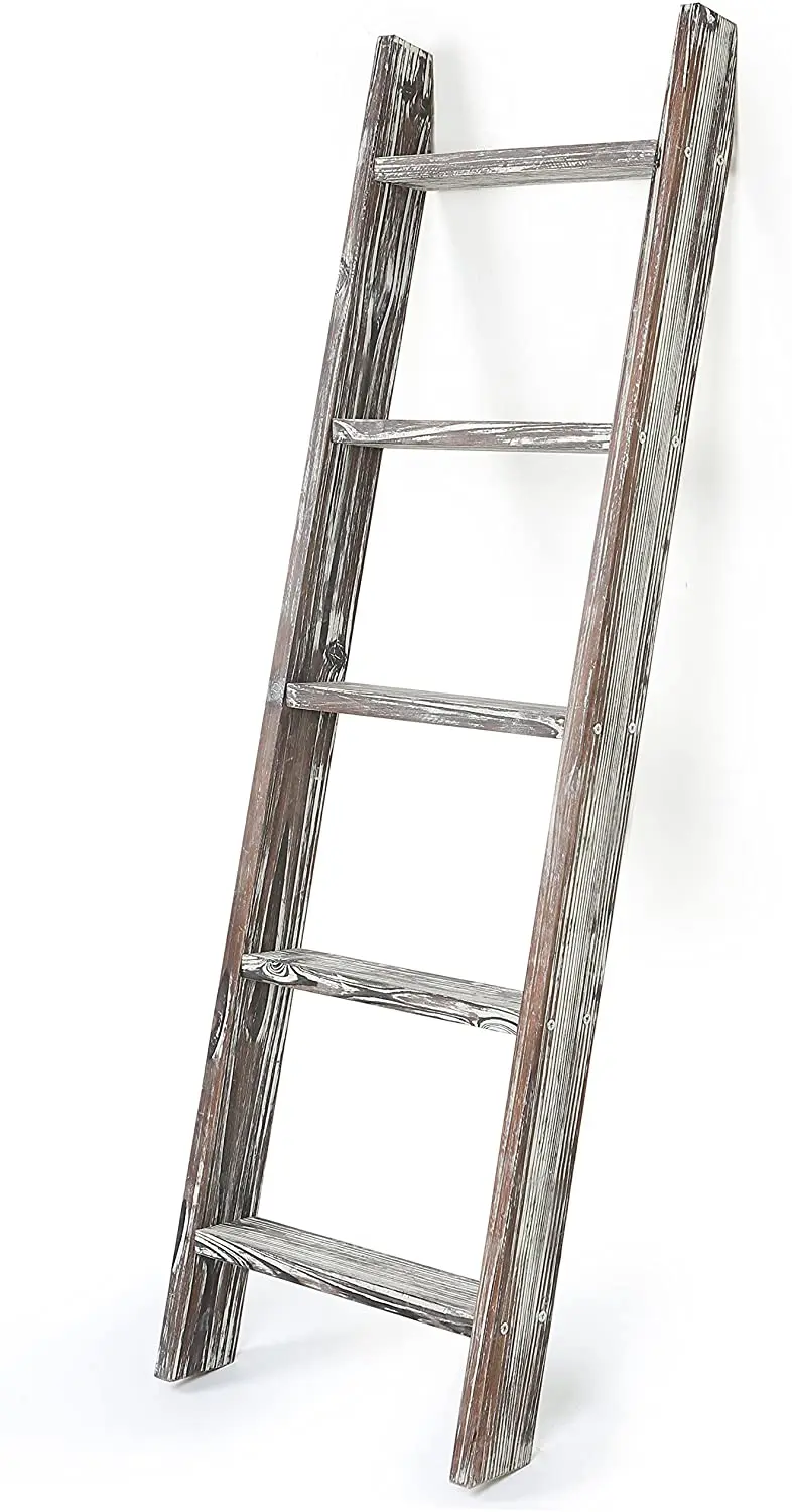 Blanket Ladder 5 ft. Premium Wood Rustic Decorative Quilt Ladder White Vintage Wooden Decor Throw Blankets Holder Rack