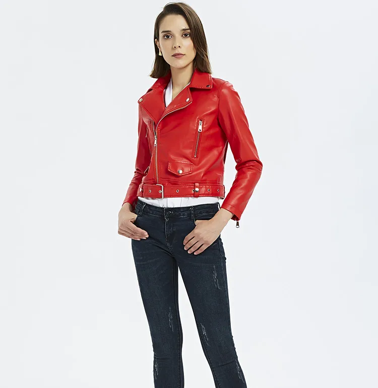 
New Arrive Motorcycle Style Belt Faux Leather Jacket For Women 