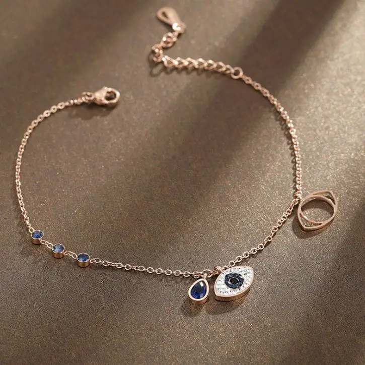 
2021 stainless steel plated rose gold evil eye anklet blue diamond women anklet jewelry gift wholesale 