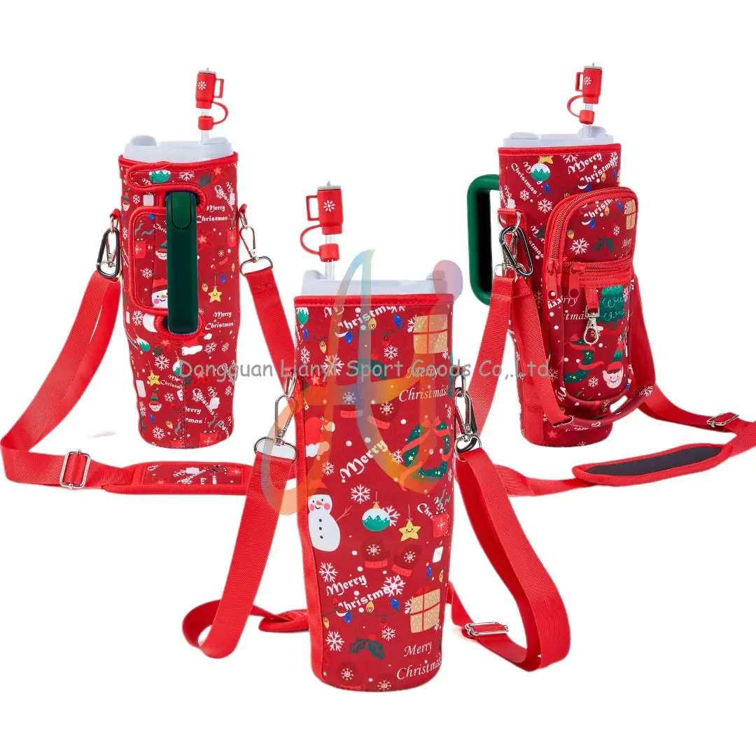 Factory Custom Christmas Gift Neoprene Tumbler Holder Bag With Strap&Pocket Adjustable Strap for Tumbler Stanley Cup Accessories
