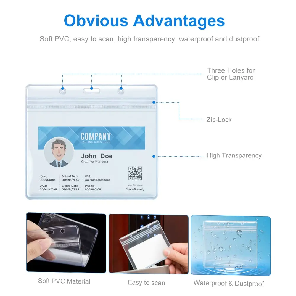 Custom Size Premium Clear Plastic Resealable Zip Vertical Horizontal Creative Work Badge Tag License Id Card Protector Holder