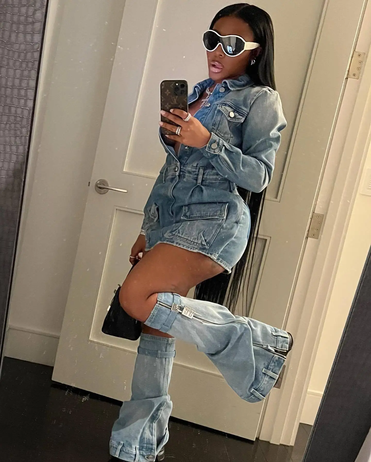 Charm Boots Set Buttons Mini Skirt Long Sleeves Denim Dress Blue Jeans Dresses Women