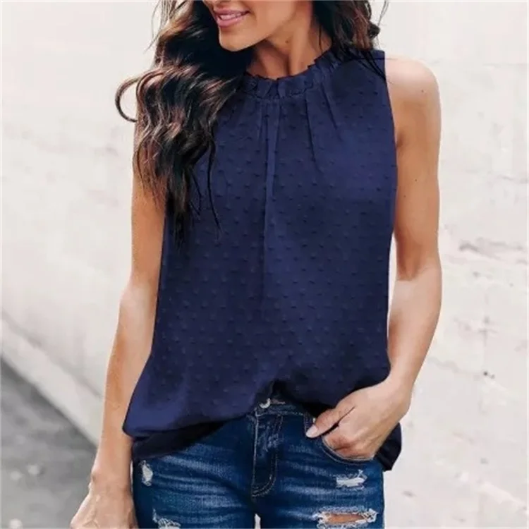 European And American Elegant Women Tank Top New Amazon Doll Neck Snow Dot Chiffon Sleeveless Loose Women Dress