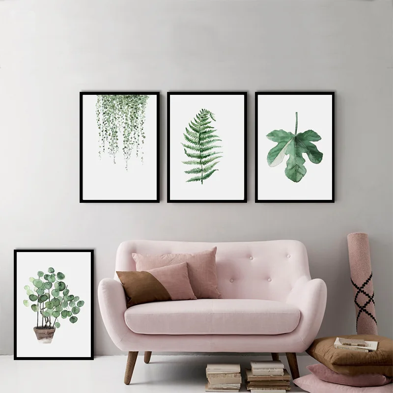 Watercolor Green Plants Leaves Canvas Paintings Nordic Scandinavian Office Wall Art Poster Picture for Living Room Home Decor