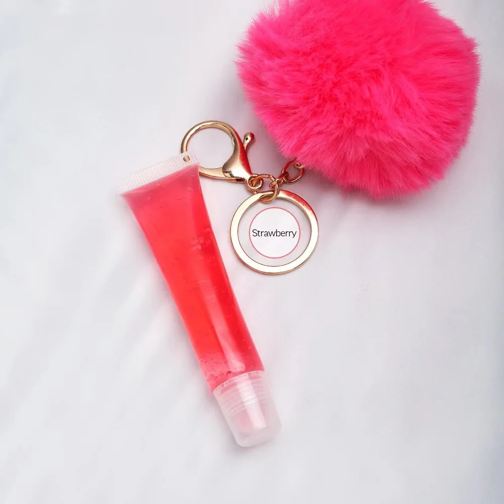 Private label lip glossy clear lip gloss container with Pompom ball chain customized liquid lipgloss with key chain