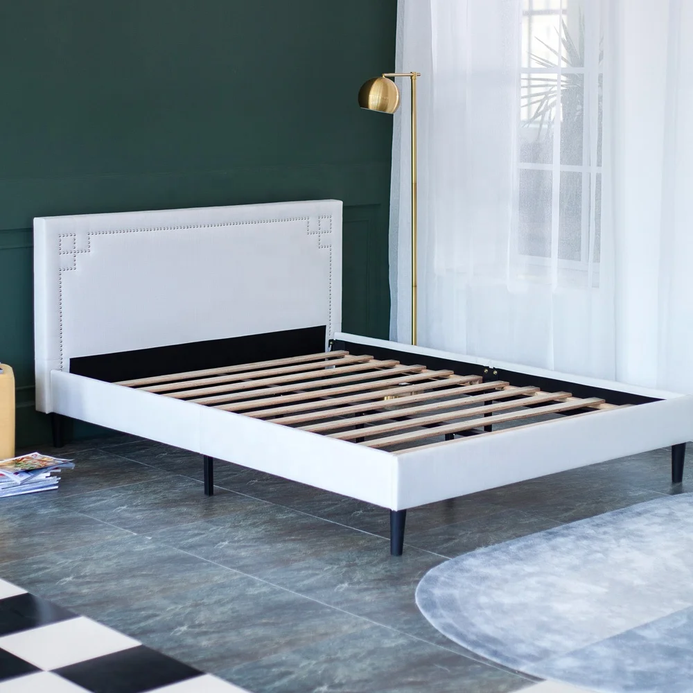 
Standard Upholstery Tufted Headboard King Size Wood Bed Frame with Wood Slats 