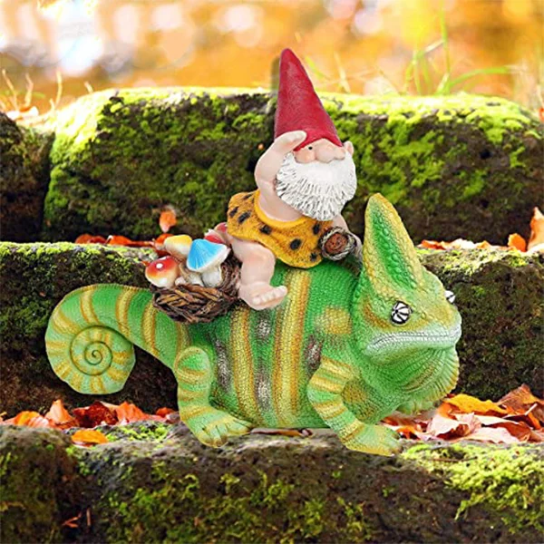 Custom Wholesale Garden Gnome Statue Funny Gnome Riding Lizard Garden Art Outdoor Mushroom Gnome Figurines Decor for Yard
