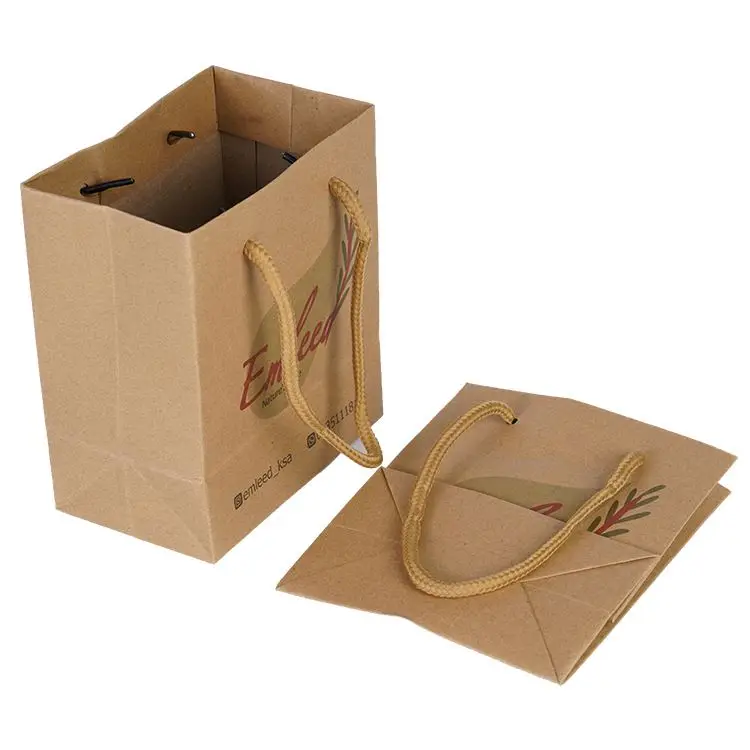 Custom recyclable kraft brown wide hemp packing bag for food takeaway fashion fancy gift shopping paper bag