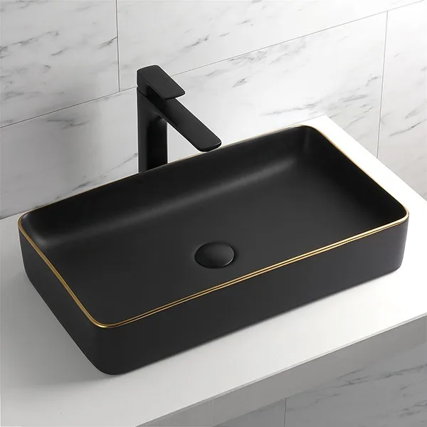 Luxury Matte Black Sanitary Ware Rectangular Art Hand Hotel Wash Basin Sink with Gold Edge