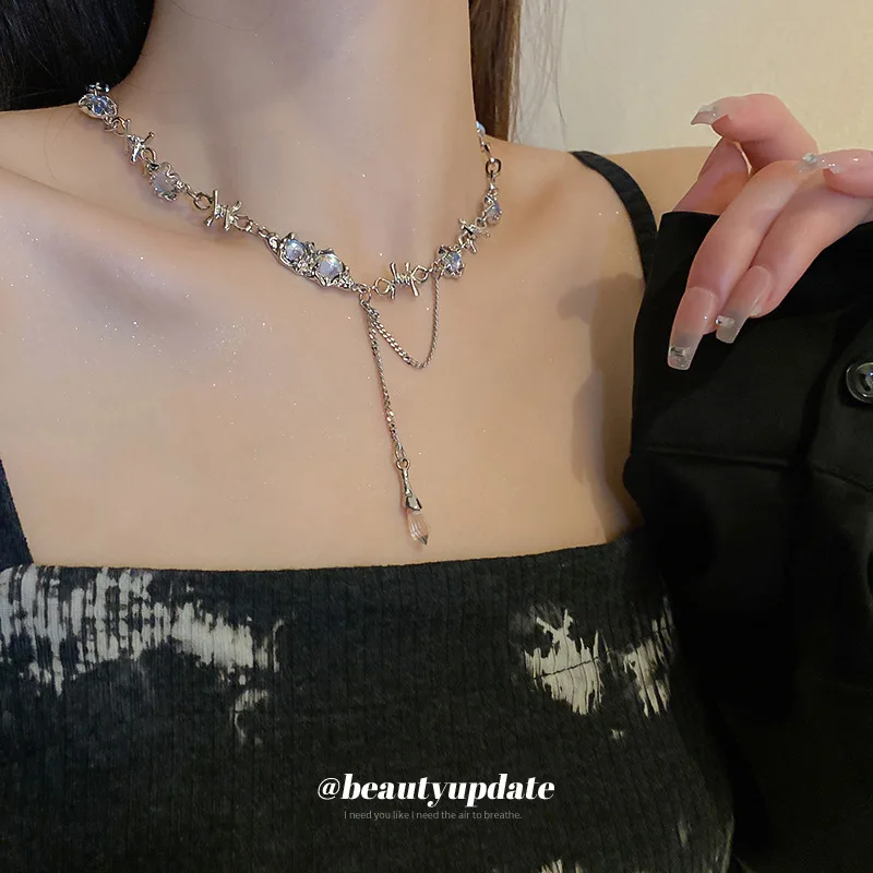 Special-Interest Design Irregular Chain Moonstone Glass Bead Necklace South Korea Ins Clavicle Cold Style Women