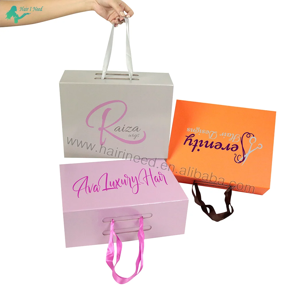 wig boxes custom logo packaging Customized Folding Paper Box Luxury Magnetic Gift Boxes with Ribbon Handle for Small Business