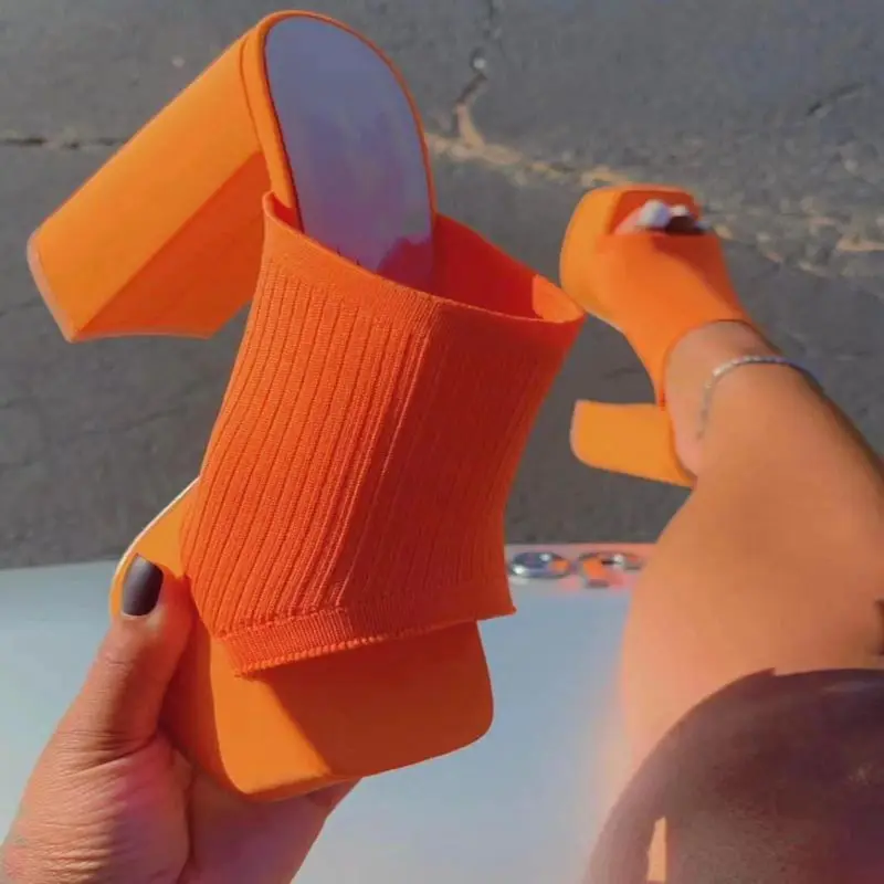 240531-2 36-42 Summer women platform slippers high heel sandals knitted elastic ladies sexy chunky heel sandals