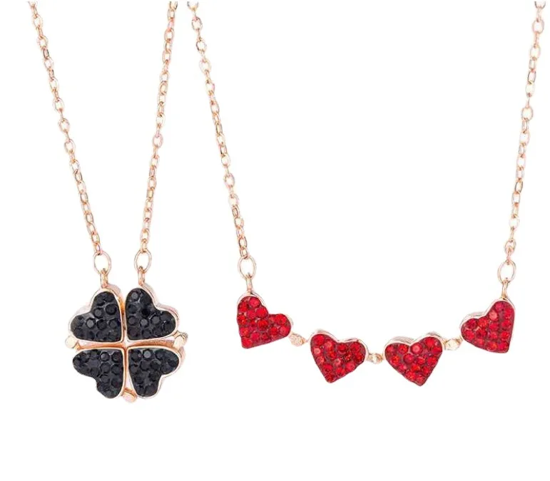 Eico Luxury Red and Black Love Heart Four-Leaf Clover Cubic Zirconia Charm Magnetic Pendant Necklace 18k Gold for Girl