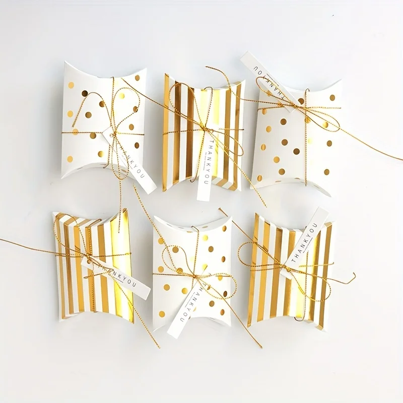 Eco Friendly Branded Wedding Favors Gift Box Golden Stripe Dot Decorative Christmas Treat Pillow Shape Box