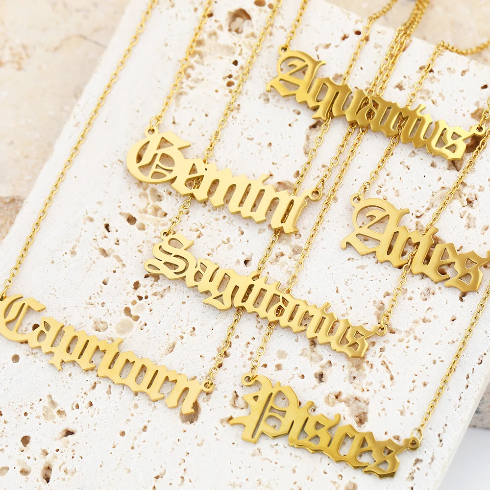 Wholesale 12 Constel Lation Astrology Horoscope Star Jewelry Gold Plated Chain Stainless Steel Zodiac Sign Pendant Necklace