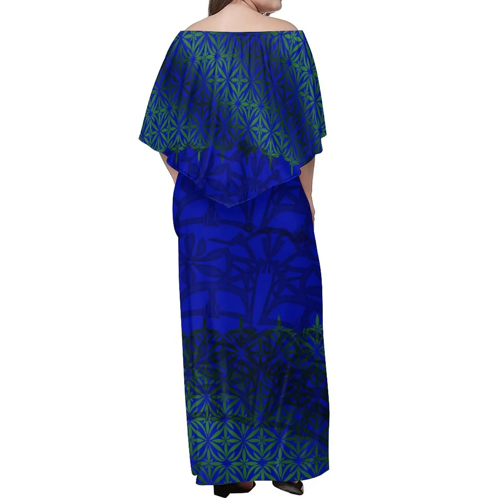 New Pacific Island Art Blue Polynesian Tribal Island Dresses Off Shoulder Layered Ruffle Shawl Dress Party Evening Dress Gowns