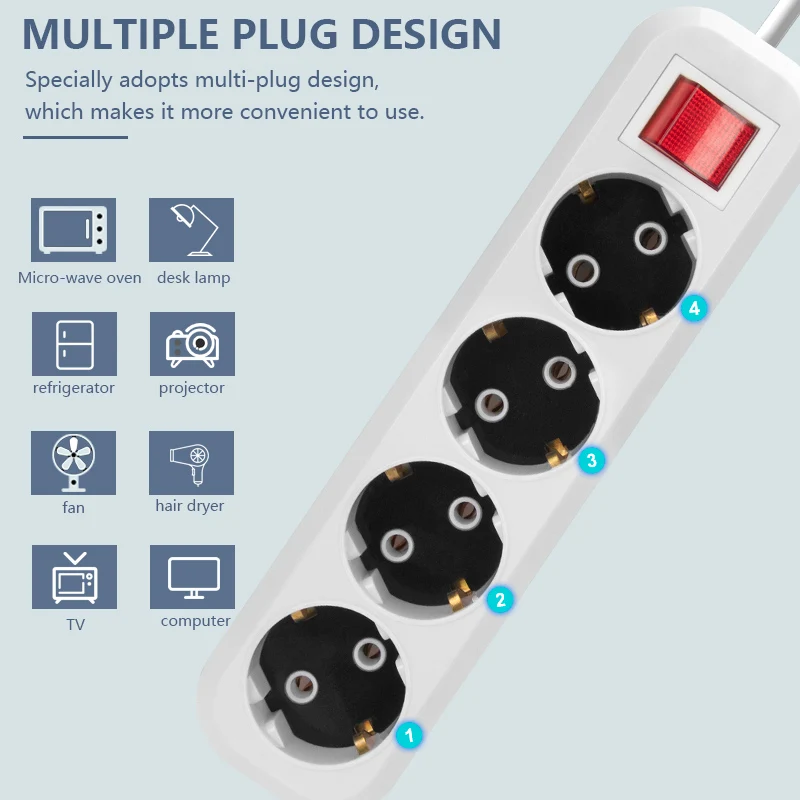 EU white Power  Strip  extension socket  electrical 4 gang extension switches German power socket  power strip