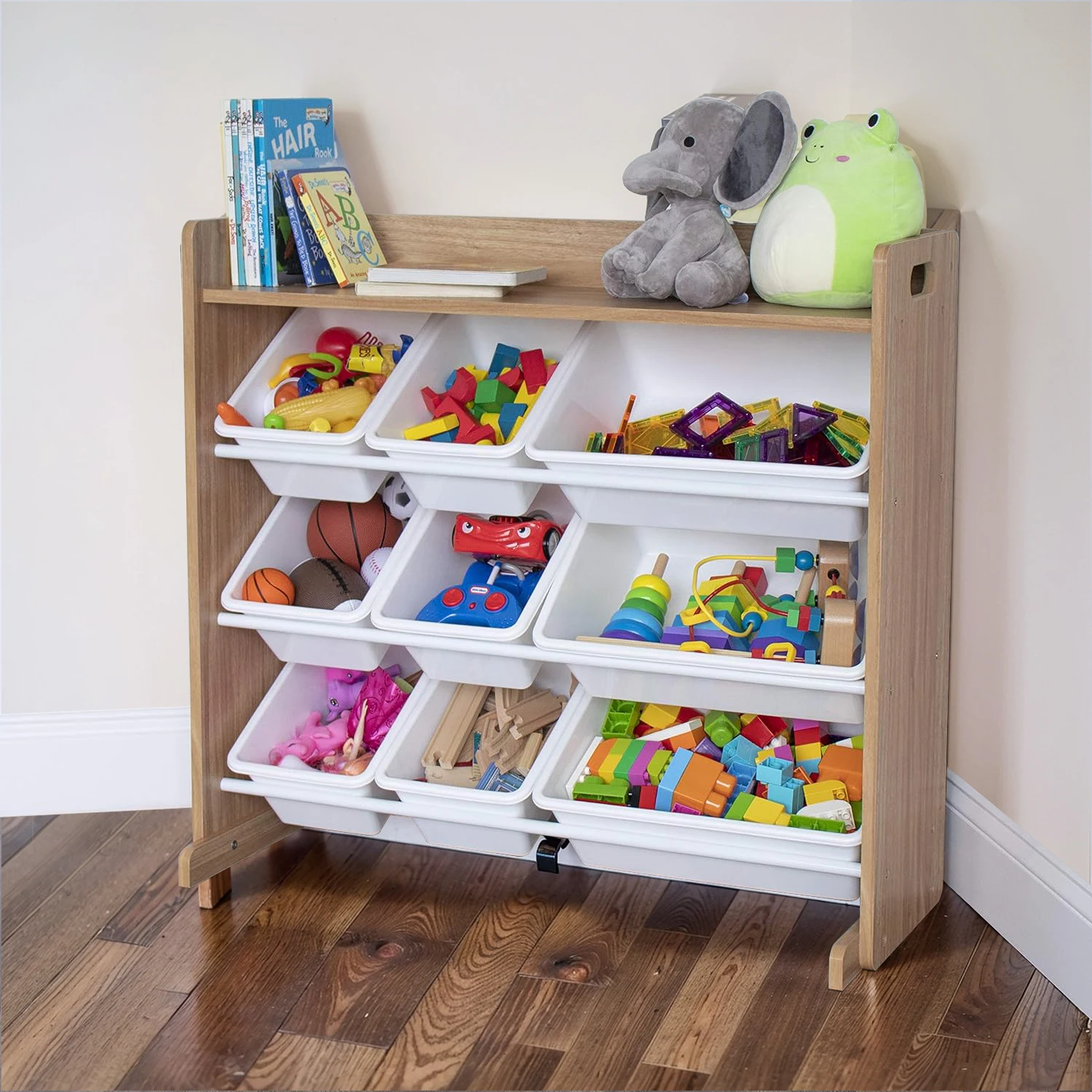 Toy Organizer with Shelf and 9 Storage Bins Montessori Toy Cabinet Home Furniture Book Rack for Children