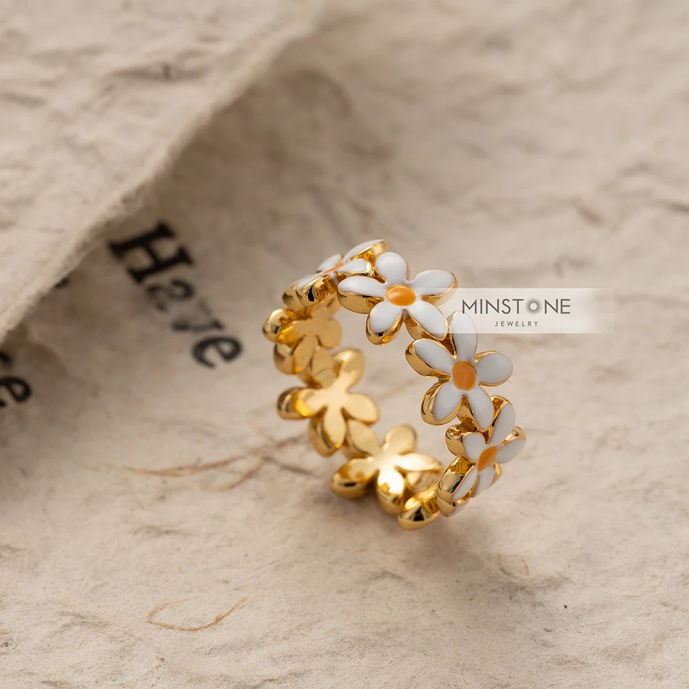 Customized Hot Selling Waterproof Cute Flower Ring Plating 18k Real Gold Daisy Enamel Ring