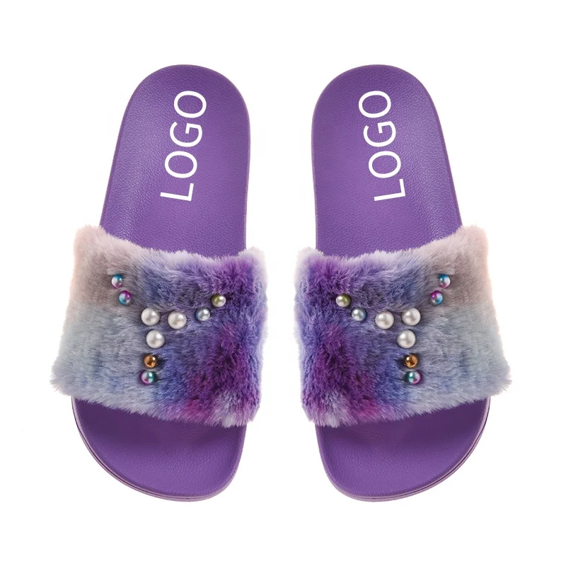 Custom logo Wholesale soft comfortable non-slip fur pcu slides girls winter purple slipper for women