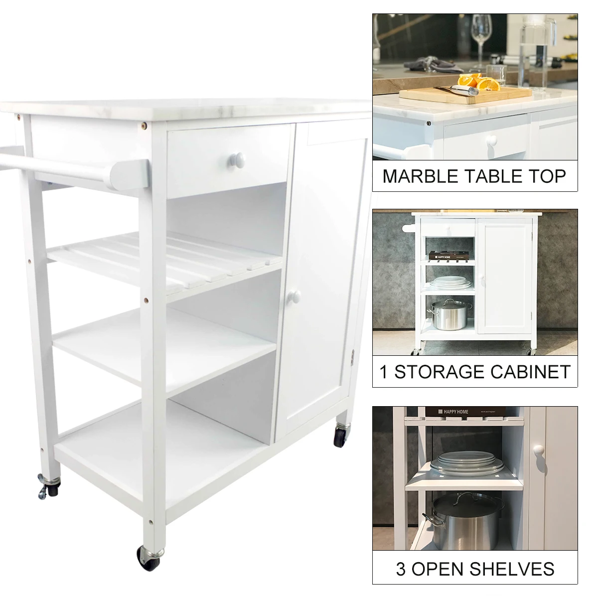 White 4-layer kitchen storage trolley dining trolley marble table top with drawer stand