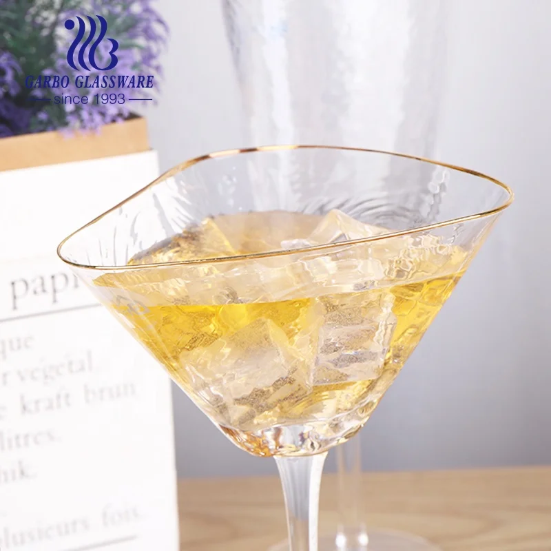 Handmade golden rim wine glass 12oz  martini glass golden decorative hammer pattern glassware cup cocktail glass stemware flute