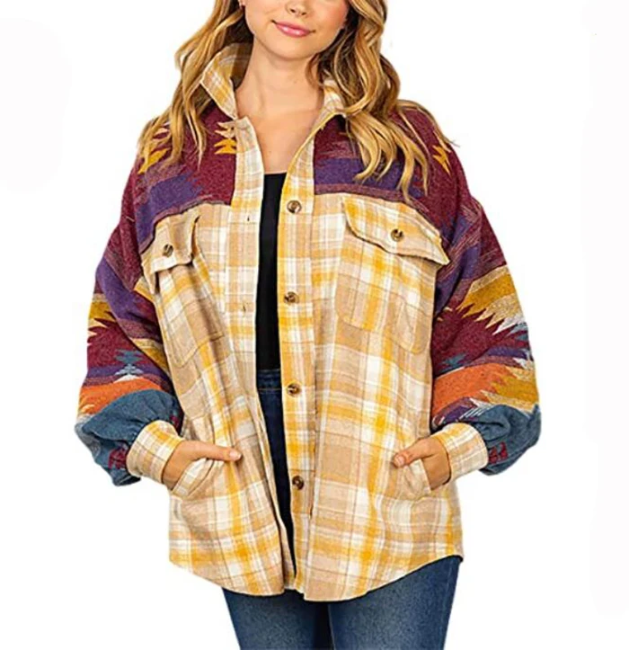 Women Fashion Button Pocket Woolen Coat Stylish Western Ethic Aztec Print Plaid Patchwork Jacket