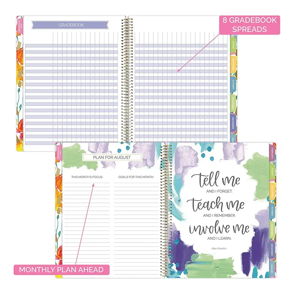 2023 New Custom School Classroom Record and Lesson Dairy Daily Weekly Monthly Journal Spiral Notebook Planner for Teacher