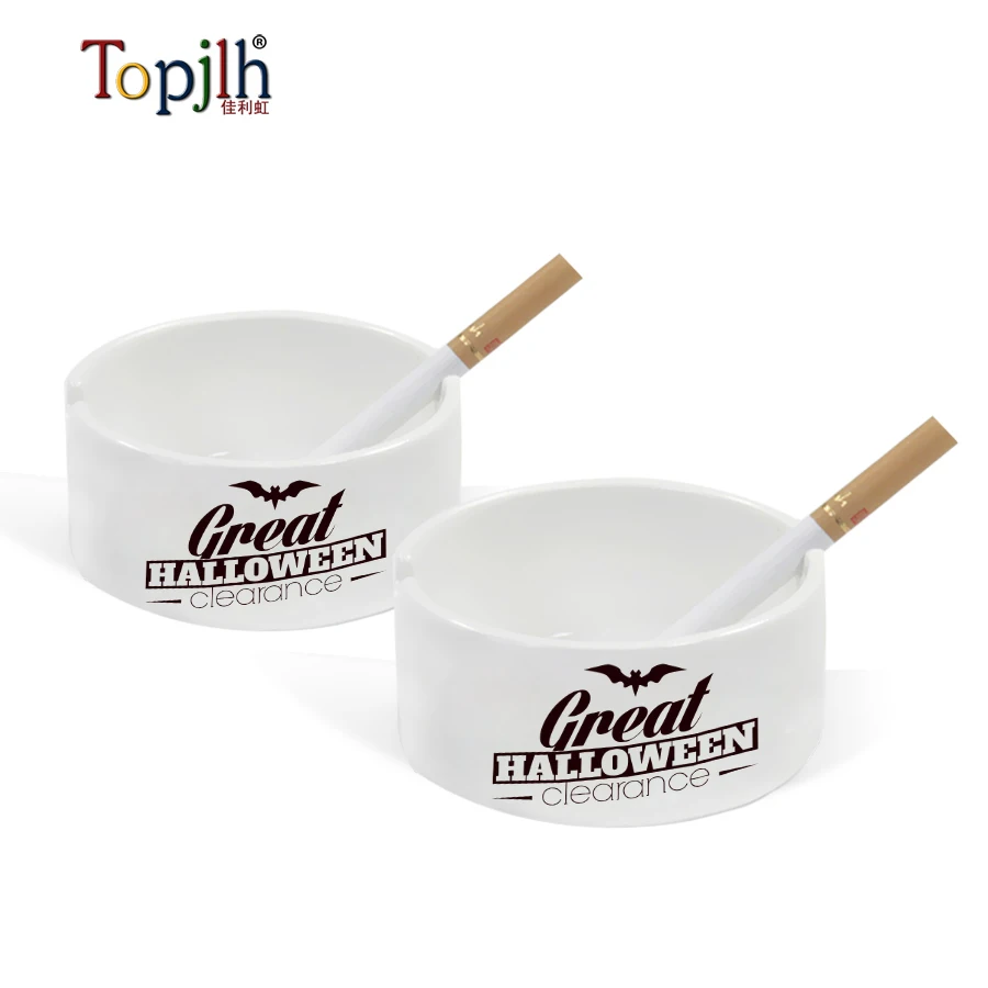 Topjlh round shape sublimation blank custom printed white ceramic cigarette ashtray