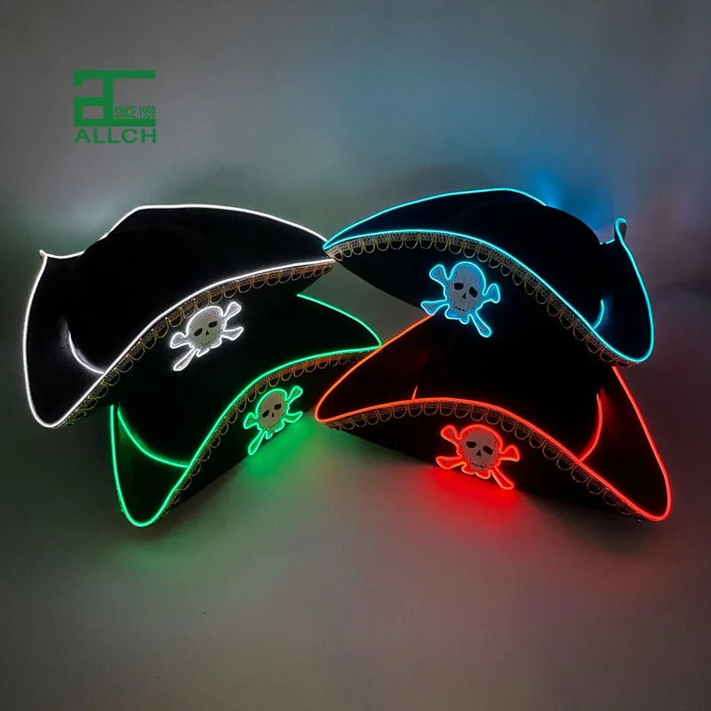 ALLCH Hot Caribbean Adult Pirates Captain Style LED Luminous Flash Triangle Hat Halloween Cosplay Party Costume Favors in Stock