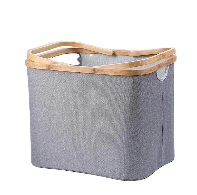 Wholesale household bamboo and wood fabric storage with handle foldable toy storage laundry basket