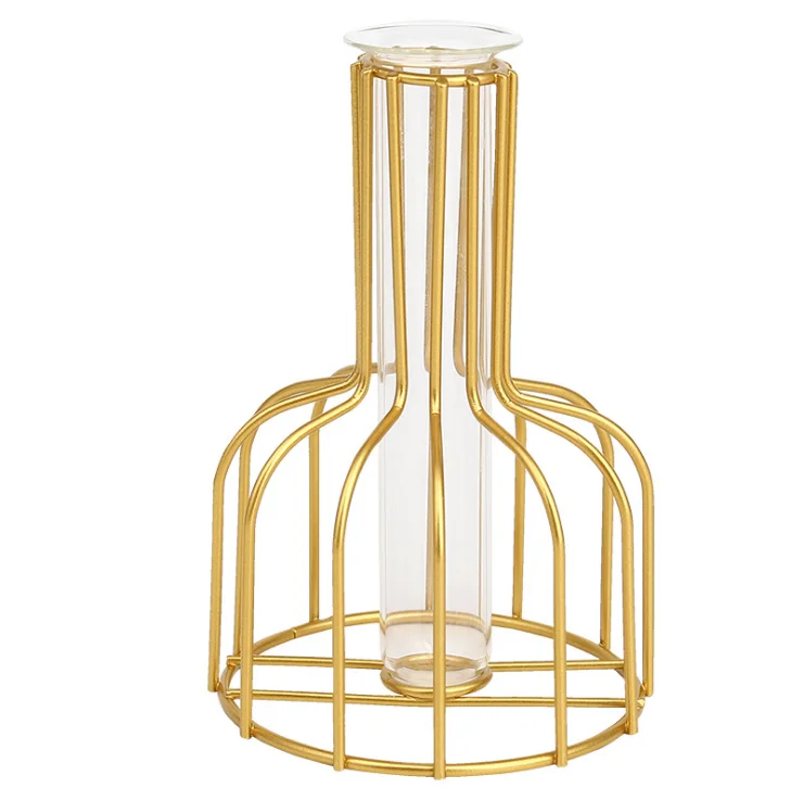 
2020 amazon hot sale High quality Metal Frame Wrought Iron Flower Glass Vase Decoratieve metal wire flower vase For Home Decor 