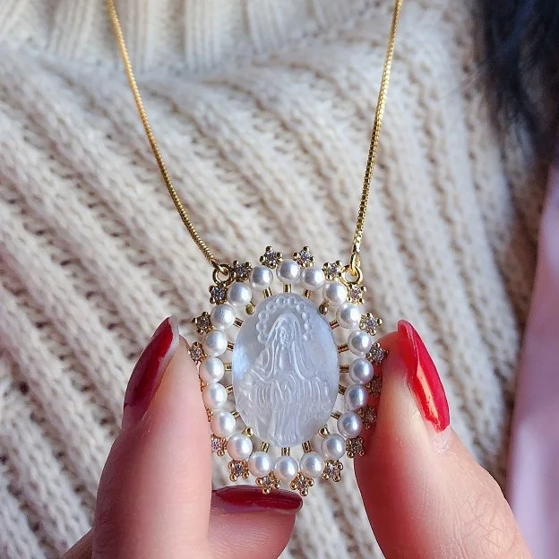 religious jewelry mother of pearl virgin mary statue pendant necklace