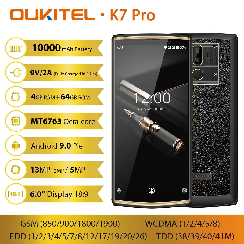 
Big Screen Speaker Phone Smart 4G Android Oukitel K7 Pro 4GB 64GB Power Bank 10000mah Phone with 13MP Camera 