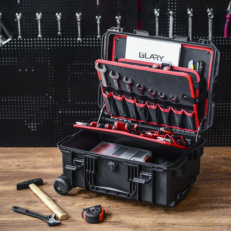 GLARY trolley protective tool case with wheels waterproof hard plastic tool storage case box rolling travel power tool case box